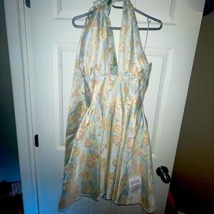 ASOS halter neck mini jacquard swing dress in blue floral sz 10